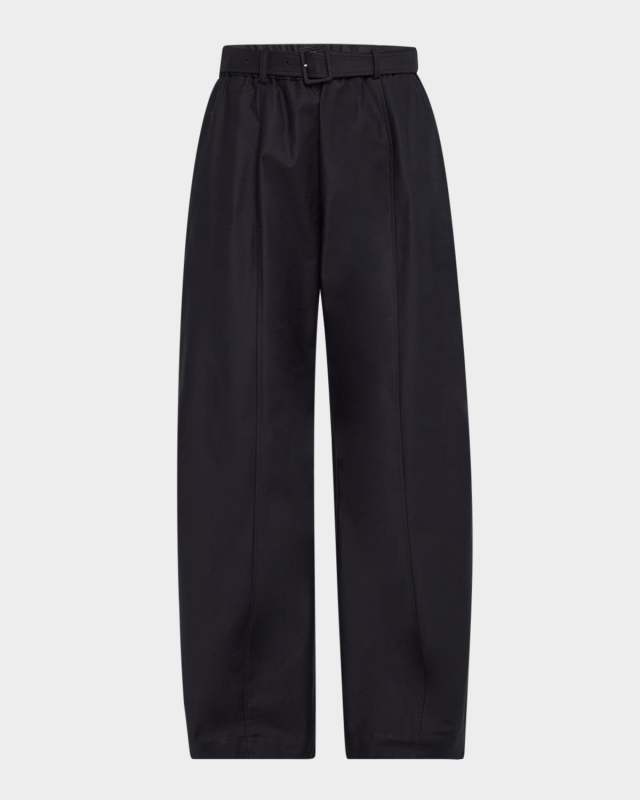 Belted Stretch Cotton Shantung Straight-Leg Pants
